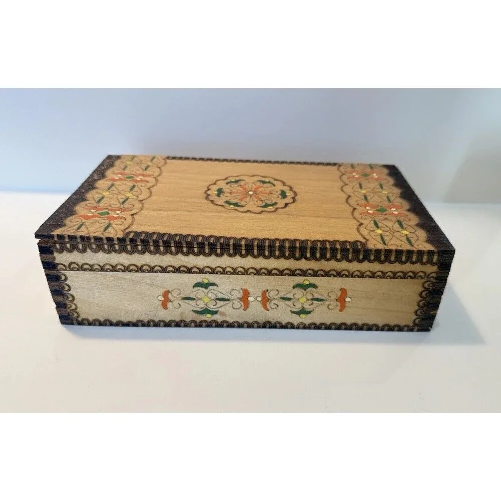Vtg Painted Pyrography Hinged Wooden Jewelry Trinket Box Folk Art 9.5